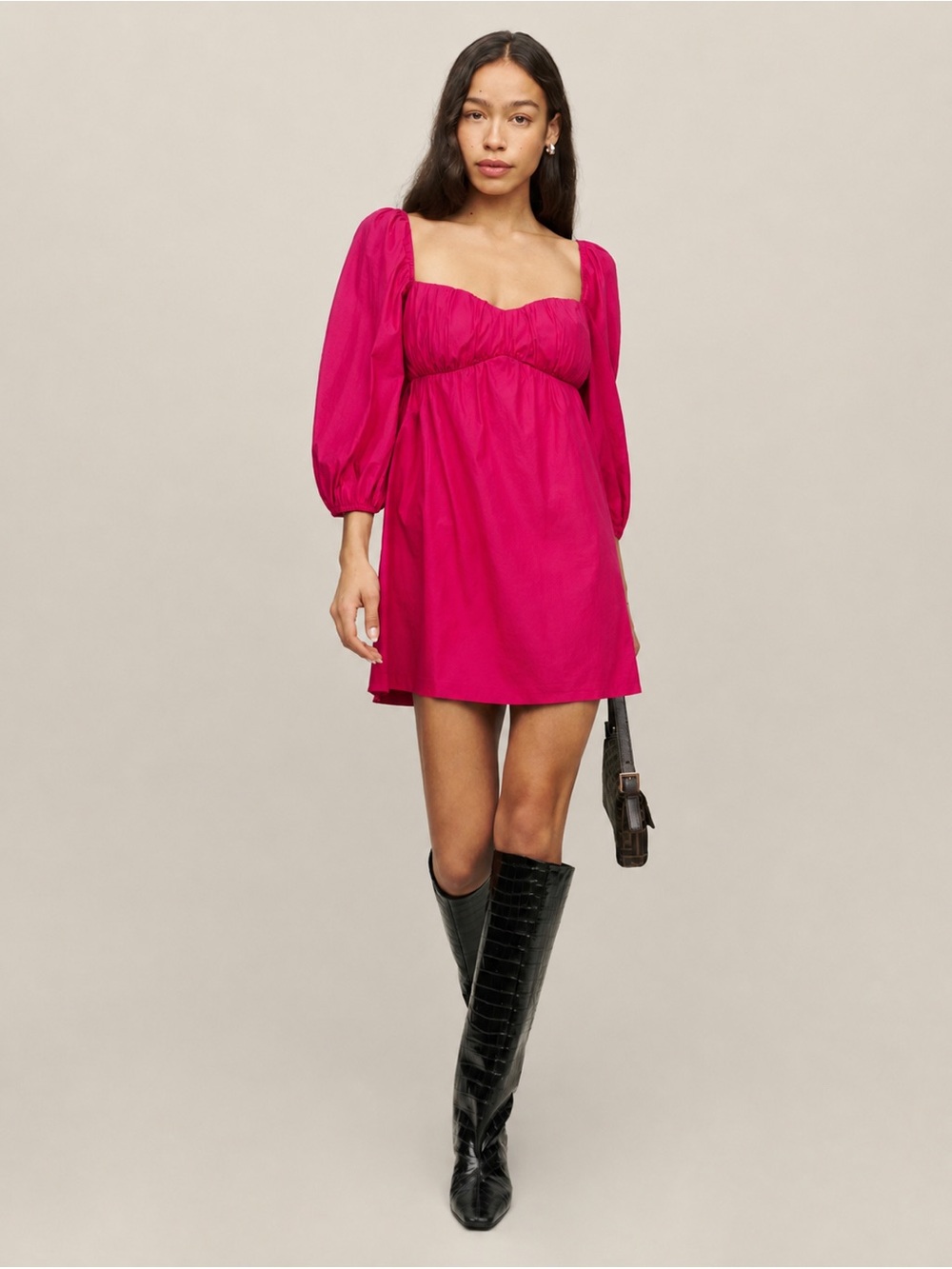 NWT Reformation Farley Long Sleeve Cotton Poplin mini baby doll Dress size 8 red